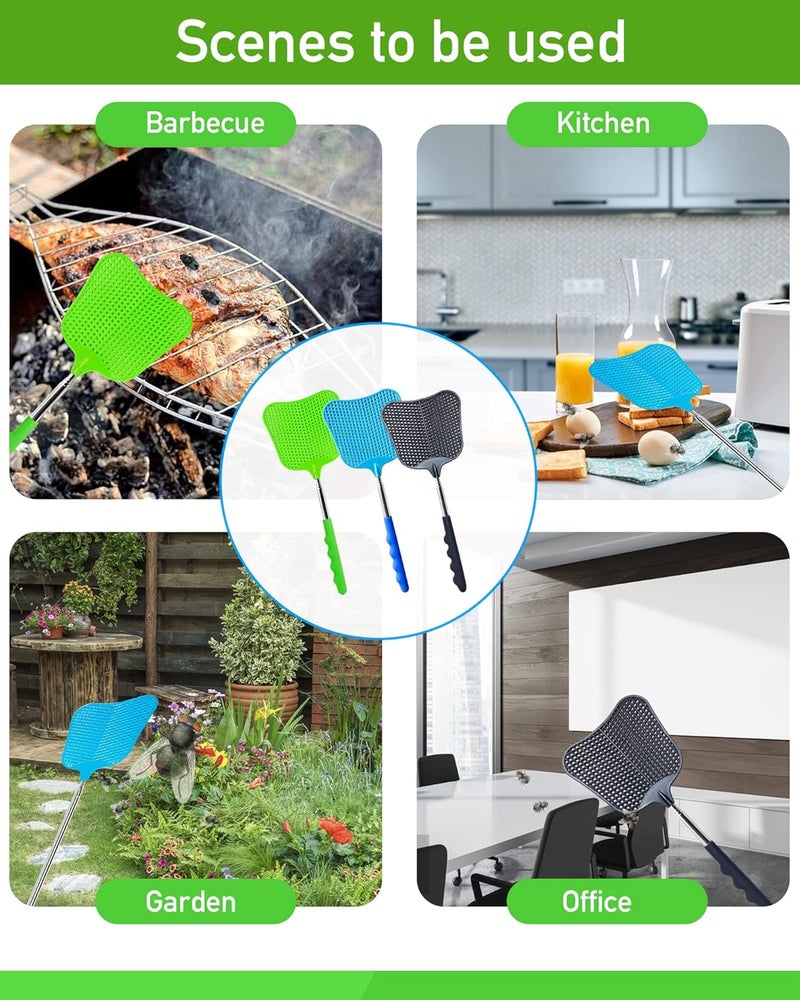 Wapodeai 3 pcs Fly Swatter, Fly Swatters Plastic Telescopic, Large Bug Swatter That Work for Indoor and Outdoor. (Black Blue Green) - Image 4